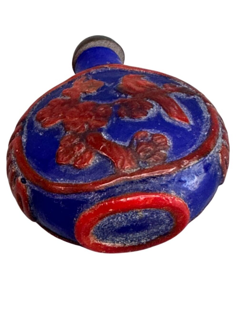 Chinese Snuff Bottle Blue Red Porcelain Relief Bird Floral 2.5" - Picture 7 of 10